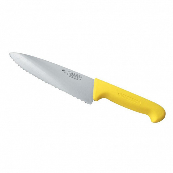 Нож поварской P.L. Proff Cuisine PRO-Line 25 см, желтая пластиковая ручка, волнистое лезвие фото